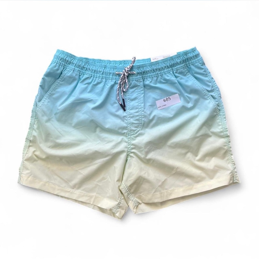 Ombré blue and yellow 5.5” Above the knee swim trunks w/ pockets & drawstring